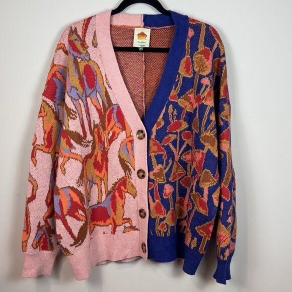 Farm Rio Mixed mushroom Equstian Horse Slouchy Wool Blend Cardigan Women's MED - Picture 1 of 7